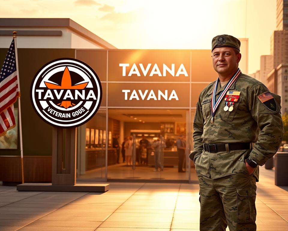 A well-lit, dynamic scene showcasing a veteran proudly standing beside the Tavana Franchise logo, their military uniform and medals accentuating their service. In the middle ground, a bustling franchise location, its signage and storefront reflecting the brand's professional identity. The background features a cityscape, hinting at the wide-ranging opportunities available to veteran franchise owners. Warm lighting and a sense of empowerment permeate the image, conveying the special advantages and support systems in place for veterans pursuing franchise ownership.
