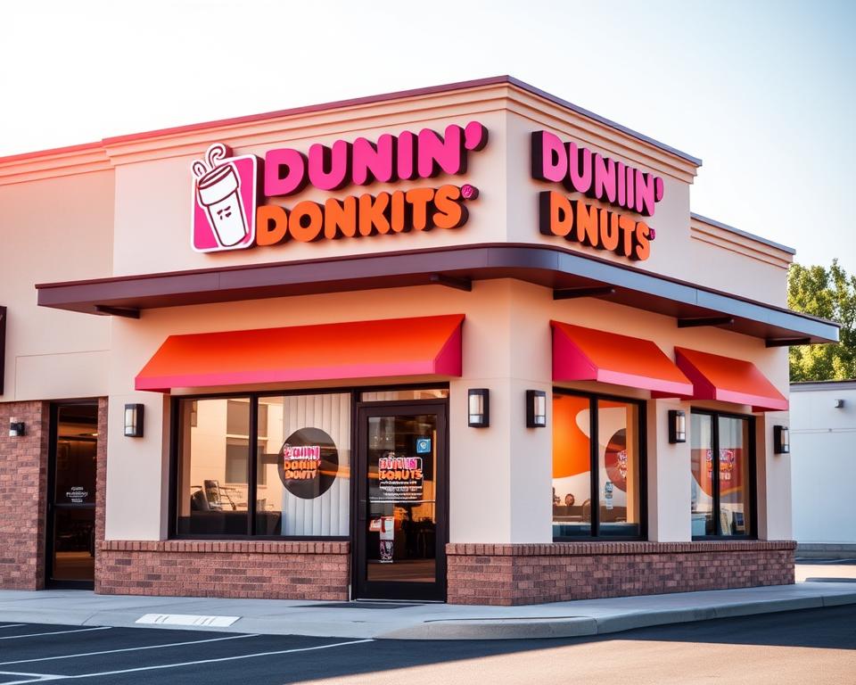 A well-lit, high-quality photograph of a Tavana Franchise Dunkin' Donuts storefront for sale, showcased in a prime commercial location. The building has a classic Dunkin' Donuts design with the iconic pink and orange color scheme, a prominent sign, and an inviting entrance. The scene depicts a thriving, established business opportunity, with a clean, well-maintained exterior and ample parking. The lighting is warm and natural, creating a welcoming atmosphere. The image should convey the sense of a turnkey franchise operation ready for a new owner to step in and continue the Dunkin' Donuts legacy.