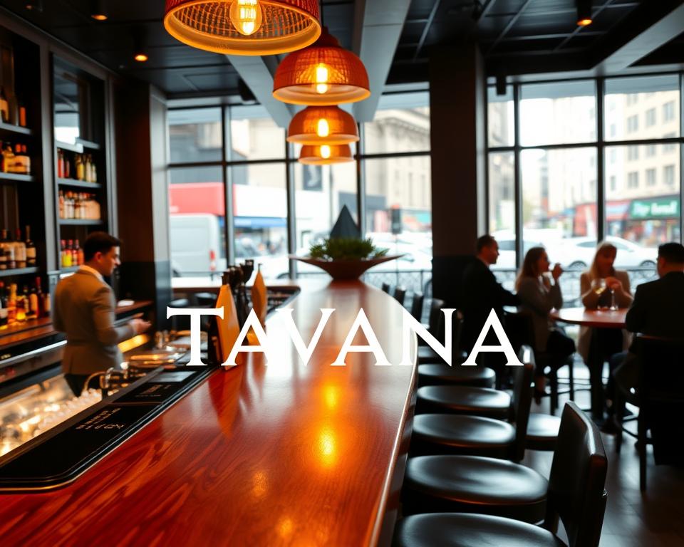 A well-lit, modern bar interior with the Tavana Franchise logo prominently displayed. The bar features a sleek, polished wooden counter, comfortable bar stools, and a selection of premium spirits and craft cocktails behind the bartender. In the background, large windows offer a view of a bustling city street, creating a vibrant and inviting atmosphere. The lighting is a warm, ambient glow, casting a cozy ambiance throughout the space. A group of patrons are enjoying drinks and conversation, showcasing the social and lively nature of the Tavana Franchise establishment.