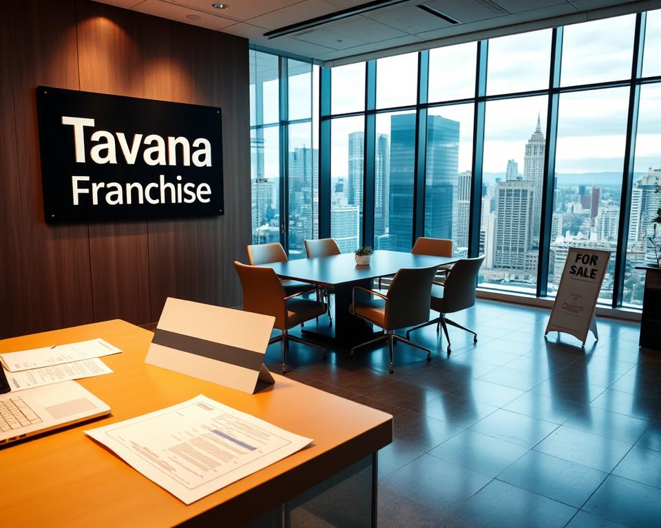 A well-lit, modern office interior with a prominently displayed "Tavana Franchise" sign on the wall. The foreground features a desk with paperwork, a laptop, and a "For Sale" sign. The middle ground showcases a stylish conference table surrounded by comfortable chairs, creating an atmosphere of professionalism and opportunity. The background depicts large windows overlooking a bustling city skyline, suggesting the potential for growth and expansion. The lighting is warm and inviting, highlighting the key elements and conveying a sense of transition and new beginnings.