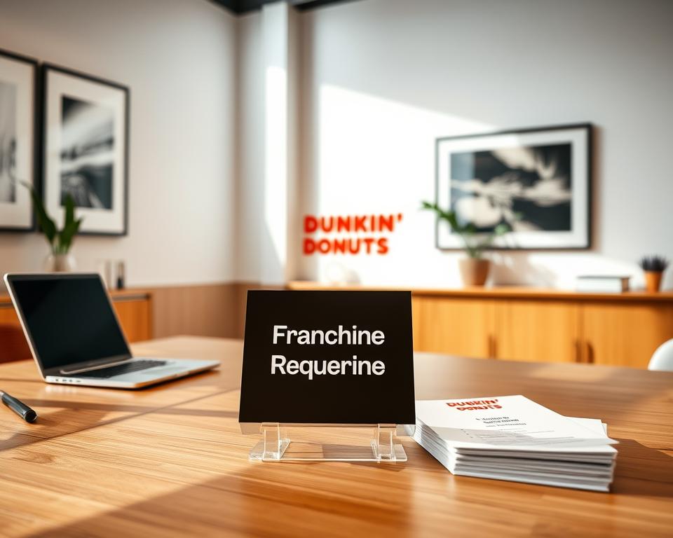 A well-lit, modern office interior with a sleek wooden desk, a laptop, and a stack of documents labeled "Dunkin' Donuts Franchise Requirements." On the desk, a Tavana Franchise sign stands prominently, conveying the brand's identity. The walls are adorned with minimalist framed artwork, and a large window provides natural lighting, creating a professional and inviting atmosphere. The camera angle is slightly elevated, capturing the scene from an eye-level perspective, highlighting the attention to detail and organization within the workspace.