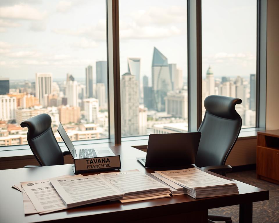 A well-lit, modern office interior with an ergonomic desk and chair, a laptop, and neatly organized documents. A large window behind the desk provides a view of a bustling city skyline. On the desk, a nameplate reads "Tavana Franchise" and various financial reports, business plans, and franchise disclosure documents are arranged neatly. The lighting is warm and inviting, conveying a sense of professionalism and readiness for franchise ownership. The overall scene suggests a thoughtful, organized, and prepared individual poised to embark on a franchise business venture.