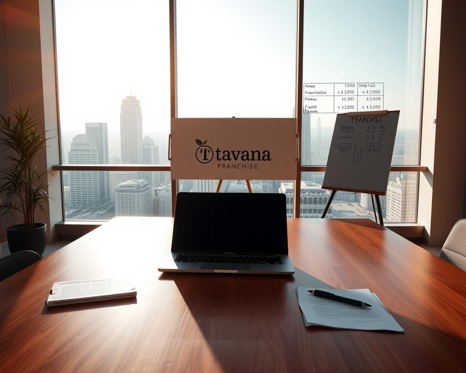 A well-lit, modern office setting with a large wooden desk in the foreground. On the desk, a laptop, documents, and a pen rest neatly. In the middle ground, a Tavana Franchise logo on the wall, along with a whiteboard displaying financial calculations and projections. The background features a large window overlooking a cityscape, with the sun casting a warm glow. The overall atmosphere conveys a sense of professionalism and thoughtful financial planning for a prospective franchisee.