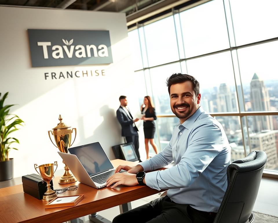 A well-lit, modern office setting with the Tavana Franchise logo prominently displayed. In the foreground, a successful franchise owner sitting at a desk, surrounded by symbols of entrepreneurial success - a laptop, a briefcase, a trophy, and a framed certificate. The middle ground features a group of people in business attire, engaged in a lively discussion, representing the collaborative nature of franchise ownership. The background depicts a panoramic view of a bustling cityscape, conveying the sense of opportunity and growth associated with franchise ownership. The overall scene exudes an atmosphere of professionalism, achievement, and the rewards of entrepreneurial freedom.
