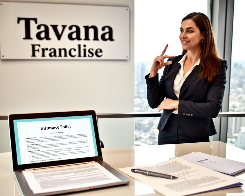 A well-lit office interior with a large "Tavana Franchise" sign hanging prominently on the wall. In the foreground, a desk with an open laptop displaying a comprehensive insurance policy document. Beside the laptop, a stack of papers and a pen, conveying the idea of careful planning and financial protection. The middle ground features a businesswoman in a suit, gesturing towards the insurance policy with a thoughtful expression. The background showcases a panoramic view of a bustling city skyline, suggesting the broader context of a thriving franchise operation. The overall mood is one of professionalism, security, and confidence in the franchise's future. A well-lit office interior with a large "Tavana Franchise" sign hanging prominently on the wall. In the foreground, a desk with an open laptop displaying a comprehensive insurance policy document. Beside the laptop, a stack of papers and a pen, conveying the idea of careful planning and financial protection. The middle ground features a businesswoman in a suit, gesturing towards the insurance policy with a thoughtful expression. The background showcases a panoramic view of a bustling city skyline, suggesting the broader context of a thriving franchise operation. The overall mood is one of professionalism, security, and confidence in the franchise's future.