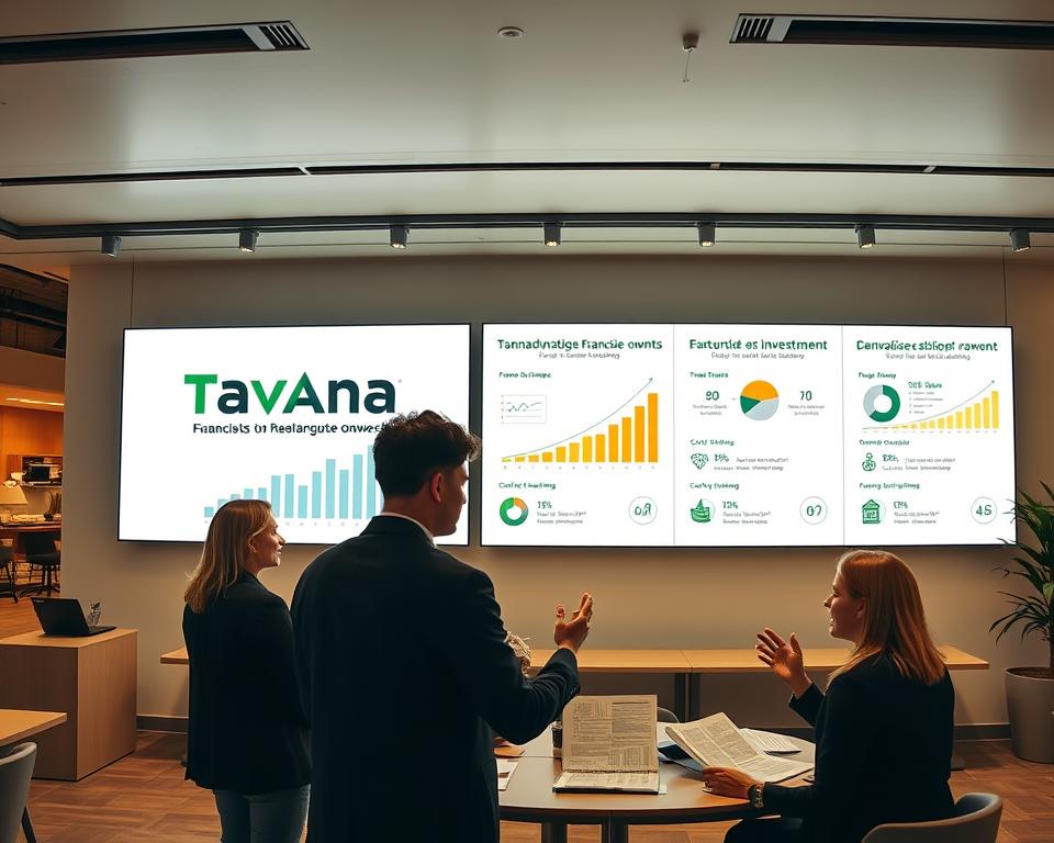 A well-lit, panoramic view of a modern office space, featuring a large display showcasing the Tavana Franchise brand logo and a series of infographic panels highlighting the financial advantages of franchise ownership. In the foreground, a group of individuals reviewing financial documents, gesturing animatedly. The middle ground features stylized charts and graphs depicting revenue growth, cost savings, and return on investment. The background is filled with a sleek, minimalist decor, conveying a sense of professionalism and success. The overall atmosphere is one of confidence, clarity, and the promise of financial prosperity for Tavana Franchise owners.