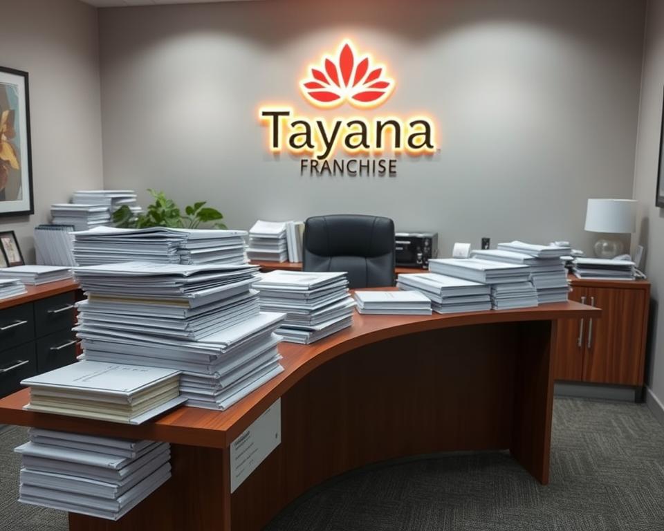 A well-organized office space with a large wooden desk, pristine and neatly arranged stacks of franchise operations documentation, including detailed checklists, policy manuals, and training guides. The Tavana Franchise logo prominently displayed on the wall behind the desk, illuminated by warm, directional lighting. The overall atmosphere is one of professionalism, efficiency, and attention to detail, conveying the importance of comprehensive operations documentation for a successful franchise.
