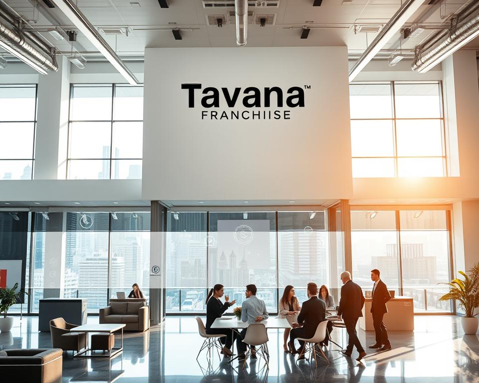 An expansive office interior with a central focus on the Tavana Franchise brand name displayed prominently on the wall. The space is filled with modern furniture, sleek lighting, and an abundance of natural light streaming in through large windows. In the foreground, a group of business professionals are gathered around a table, engaged in a collaborative discussion. The middle ground showcases various visual elements representing the advantages of franchising, such as brand recognition, streamlined operations, and access to resources. The background features a cityscape visible through the windows, symbolizing the growth and expansion opportunities that the franchise model can provide. The overall atmosphere conveys a sense of professionalism, success, and the transformative potential of the franchise approach.