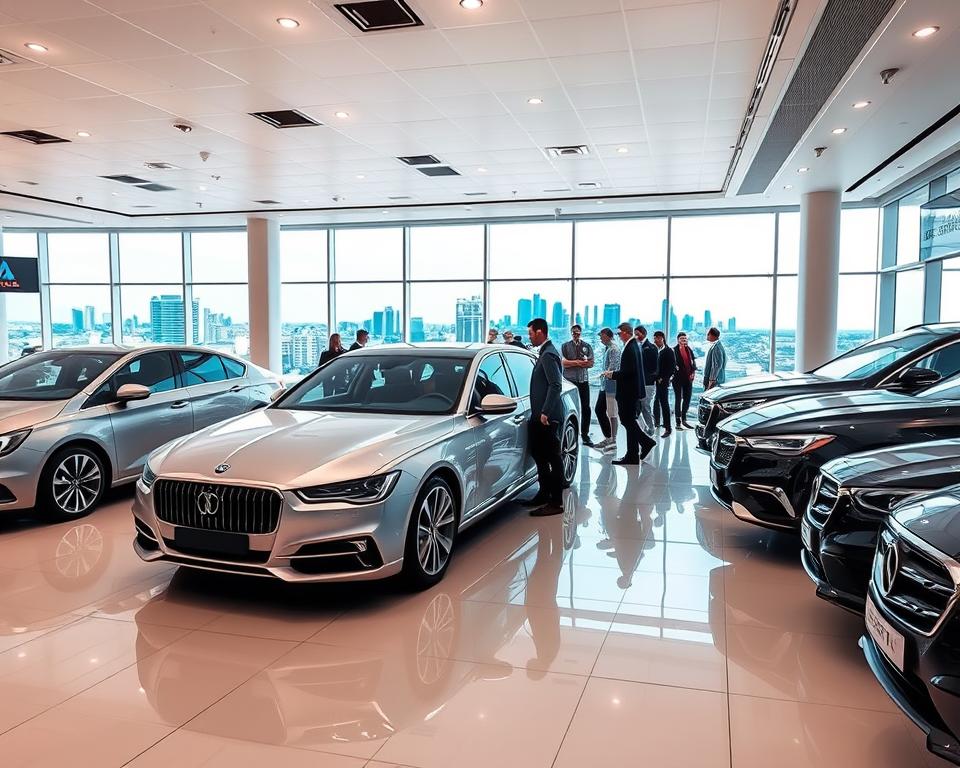 An expansive, well-lit automotive showroom showcasing the latest models from the "Tavana Franchise". A centrally positioned, gleaming luxury sedan takes center stage, its sleek lines and chrome accents reflecting the bright overhead lighting. In the middle ground, a team of attentive sales representatives engage with prospective customers, their body language conveying a sense of professionalism and enthusiasm. The background reveals a panoramic view of the bustling city skyline through floor-to-ceiling windows, hinting at the thriving urban setting and the potential for a successful automotive business venture.