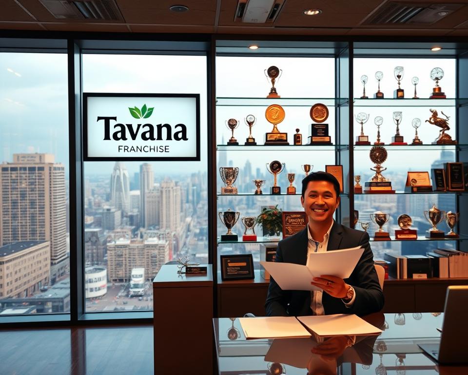 An office interior with a large window overlooking a bustling city skyline. In the foreground, a well-dressed business person sits at a sleek, modern desk, examining documents and smiling confidently. On the wall behind them, a framed "Tavana Franchise" logo prominently displayed. In the middle ground, shelves filled with business awards, trophies, and certificates, highlighting the franchise's success and prestige. The lighting is warm and inviting, creating a professional and aspirational atmosphere. The overall scene conveys the advantages of franchise ownership - the stability, resources, and prestige that come with being part of an established brand.