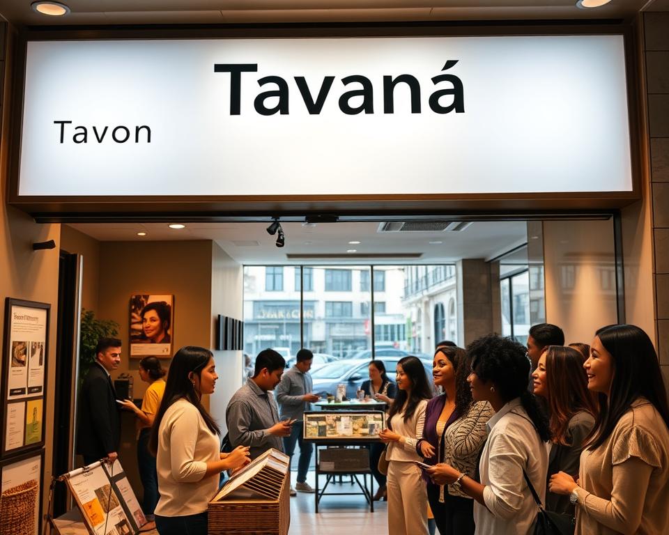 Cozy storefront with a "Tavana Franchise" sign, warm lighting, and welcoming atmosphere. People browsing displays of affordable franchise opportunities, smiling and engaged. Sleek, modern interior design with earth-toned accents and clean lines. Cheerful, diverse group of prospective franchisees learning about the benefits of low-cost franchise ownership. Bright, airy space with large windows overlooking a bustling urban street. Subtle, professional branding elements that convey reliability, accessibility, and success.