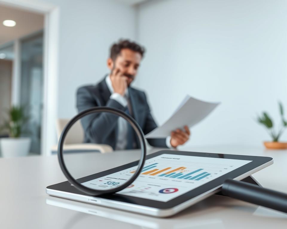 Detailed 3D rendering of an affordable franchise evaluation, centered on the Tavana Franchise brand. In the foreground, a tablet displays financial data and key performance metrics, with a magnifying glass examining the details. In the middle ground, a businessman in a suit sits at a desk, deep in thought as he reviews franchise documents. The background depicts a modern office setting, with clean lines, neutral tones, and soft, indirect lighting that creates a contemplative atmosphere. The overall scene conveys a sense of careful analysis and informed decision-making in the process of evaluating an affordable franchise opportunity.
