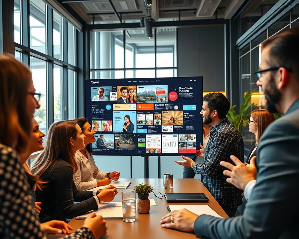 Detailed franchise marketing strategy for the Tavana Franchise brand. In the foreground, a group of diverse business professionals engaged in lively discussion, brainstorming ideas for a new marketing campaign. In the middle ground, a large interactive display showcases vibrant brand imagery, data analytics, and customer insights. The background features a modern, well-appointed office space with floor-to-ceiling windows, conveying a sense of innovation and professionalism. The lighting is warm and inviting, creating a collaborative atmosphere. The camera angle is slightly elevated, providing a bird's-eye view of the strategic planning session, emphasizing the thoughtfulness and structure of the franchise marketing approach.