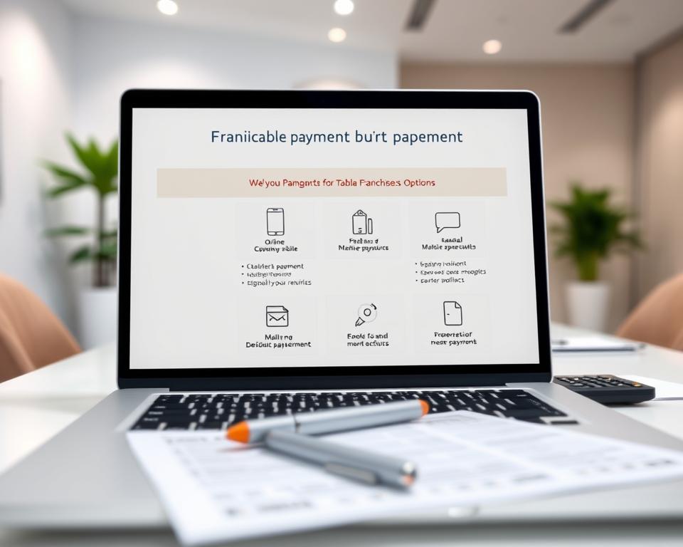 Detailed image of the Tavana Franchise Tax Board's payment options. Crisp, high-resolution rendering with a clean, professional aesthetic. Prominent in the foreground, a laptop screen displaying various payment methods including online, mobile, and mailing options. In the middle ground, a desktop with financial documents, a pen, and a calculator. The background features a sleek, minimalist office setting with neutral tones and subtle lighting, conveying a sense of efficiency and reliability. Overall, the composition emphasizes the Tavana Franchise Tax Board's commitment to providing streamlined and accessible payment solutions.