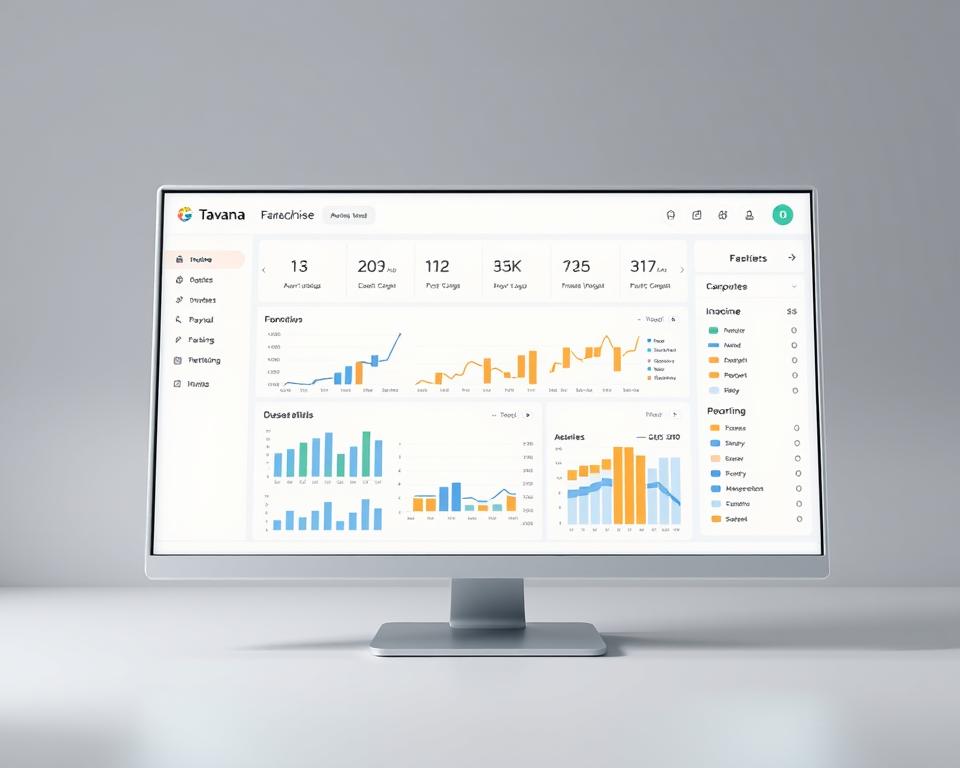 Detailed, realistic 3D rendering of a modern and intuitive accounting software interface designed specifically for the "Tavana Franchise" business management. The software's dashboard showcases customizable charts, graphs, and data visualizations against a clean, minimalist backdrop. A central section highlights key financial metrics and KPIs, while sidebar menus provide easy access to invoicing, payroll, tax filing, and reporting modules. Soft ambient lighting casts a professional, authoritative tone, and the composition emphasizes the software's user-friendly and enterprise-grade capabilities tailored for franchisee operations.