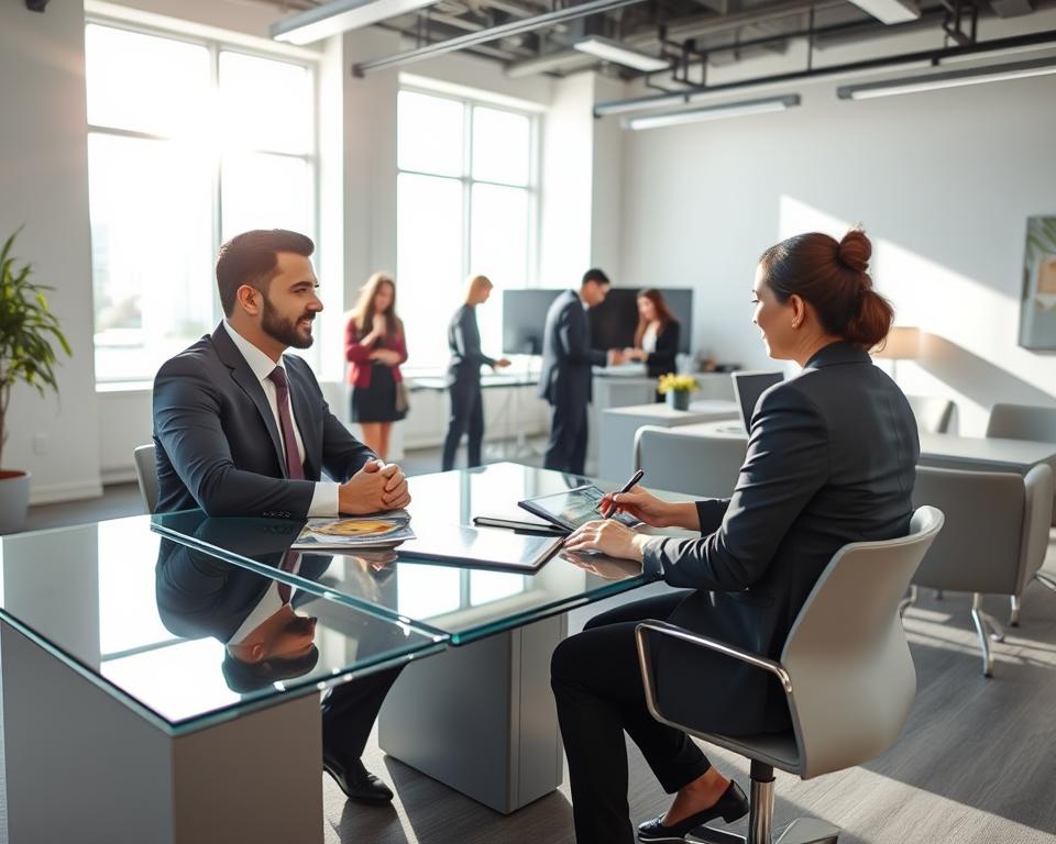 Imagine a bright, airy office space with sunlight streaming in through large windows. In the foreground, a well-dressed professional, the "Tavana Franchise" consultant, is sitting at a desk, discussing franchise opportunities with a prospective entrepreneur. On the desk, brochures and tablets showcase various affordable franchise concepts. Behind them, the middle ground features other Tavana employees assisting clients, creating a collaborative, dynamic atmosphere. The background showcases the modern, minimalist decor of the Tavana office, with sleek furniture and stylish accents, conveying a sense of professionalism and success. The overall mood is one of optimism, opportunity, and the promise of a rewarding entrepreneurial journey.