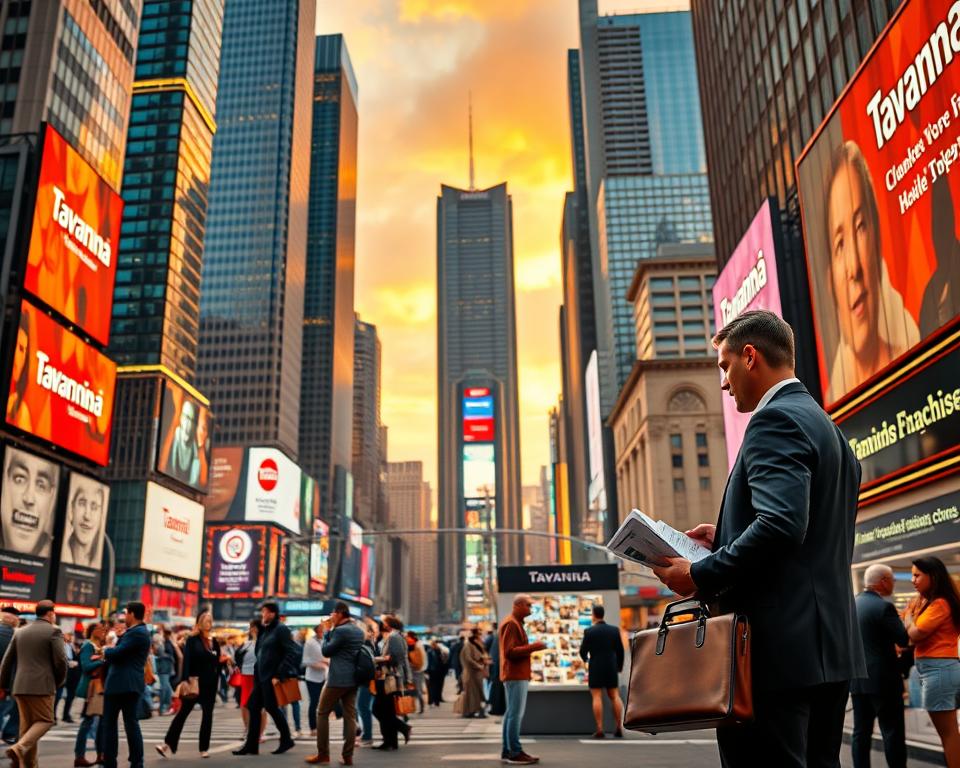 Prompt A bustling cityscape with towering skyscrapers and neon-lit billboards showcasing the "Tavana Franchise" brand. In the foreground, a well-dressed business person stands at the intersection, holding a briefcase and examining franchise opportunity flyers. The middle ground features a diverse crowd of prospective franchisees, some engaged in discussion and others perusing informational kiosks. The background is illuminated by a warm, golden-hour glow, conveying a sense of opportunity and potential in the current landscape of franchising in America.