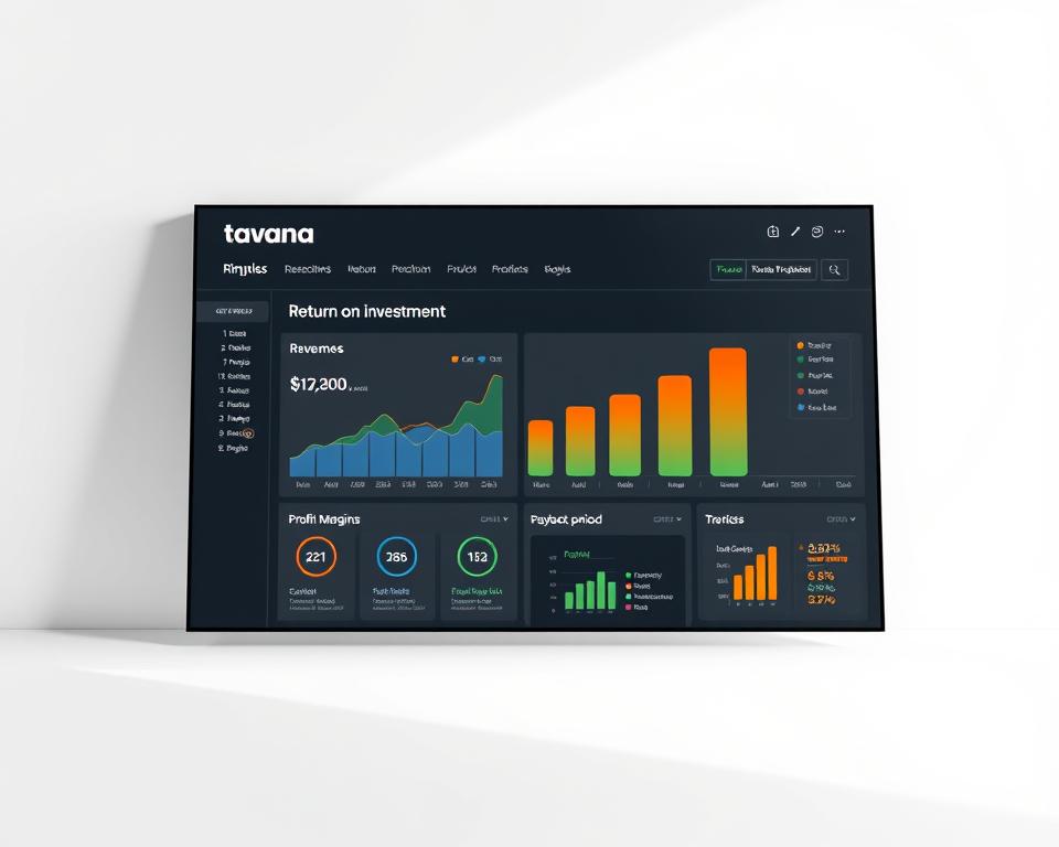 Prompt A financial analysis dashboard depicting the return on investment for the "Tavana Franchise" brand. Set against a clean, minimalist background, the dashboard displays key metrics such as revenue growth, profit margins, and payback period in a sleek, infographic-style layout. The dashboard is illuminated by soft, directional lighting, creating a sense of professionalism and authority. The overall mood is one of clarity, precision, and data-driven decision-making, reflecting the subject's focus on the financial advantages of the franchise model.