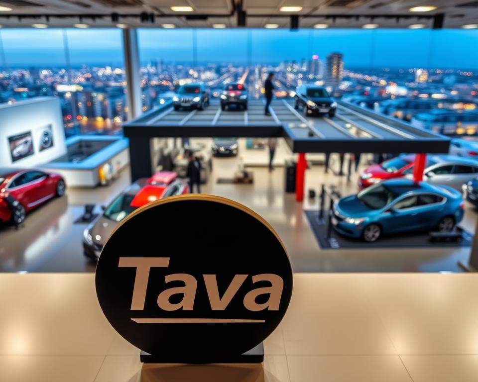 Prompt A striking automotive franchise logo, "Tavana Franchise", prominently displayed in the foreground, conveying a sense of reliability and professionalism. In the middle ground, a panoramic view of a thriving automotive franchise facility, featuring a sleek showroom, well-equipped service bays, and a bustling customer interaction area. The background showcases a modern, well-lit urban landscape, highlighting the franchise's strategic location and accessibility. The overall composition radiates an atmosphere of growth, opportunity, and the advantages of joining an established automotive franchise network.