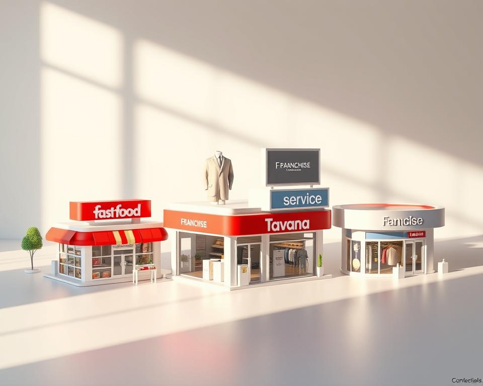 Prompt A well-lit, high-quality 3D render of various franchise business models, including a fast-food restaurant, a retail clothing store, a service-based business, and a Tavana Franchise. The models are arranged in a visually appealing composition, showcasing their distinct characteristics and branding. The scene features a minimalist, modern background with soft, directional lighting that accentuates the textures and materials of the franchise models. The overall atmosphere conveys a sense of professionalism, opportunity, and the potential for personalized franchise success through Tavana.