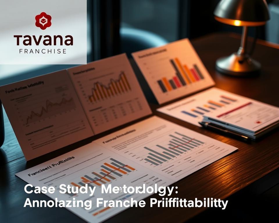 Sophisticated franchise profitability analysis presented in a clean, data-driven infographic style. Detailed financial charts and graphs in muted tones displayed on a dark wooden desk, illuminated by warm studio lighting and captured from a slightly elevated angle. The Tavana Franchise logo prominently featured in the upper left corner, conveying authority and expertise. A sense of analytical depth and business acumen permeates the scene, perfectly suited to illustrate the "Case Study Methodology: Analyzing Franchise Profitability" section of the article.