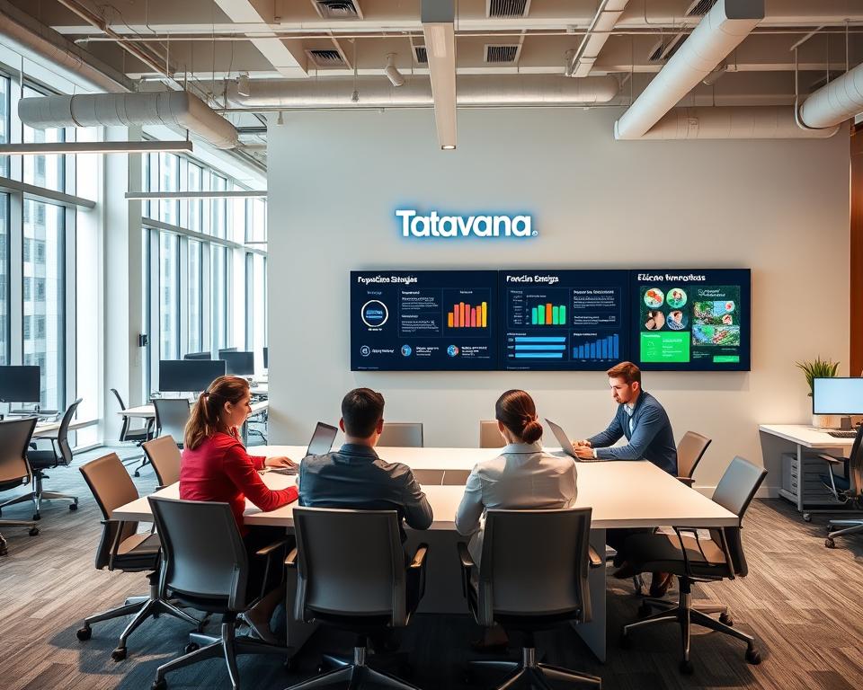 Tavana Franchise: A modern, well-designed office space with an open floor plan, ergonomic workstations, and ample natural light streaming in through large windows. In the foreground, a team of professionals collaborates intently around a sleek conference table, discussing operational strategies and exploring franchise benefits. The middle ground showcases a digital display board highlighting key performance metrics, franchise expansion plans, and efficient workflows. In the background, a wall-mounted logo and branding elements convey the Tavana Franchise's professional identity and commitment to excellence. The overall atmosphere exudes a sense of productivity, innovation, and the collective effort driving the franchise's operational success.