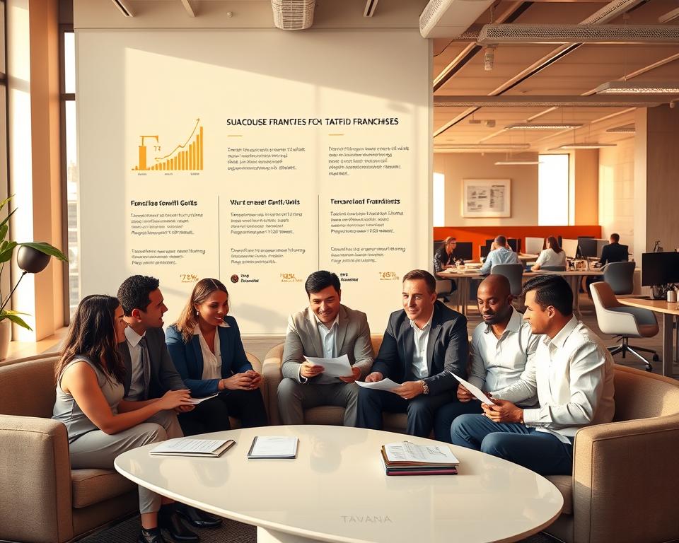 Tavana Franchise - A warm, vibrant office interior showcasing successful franchise owners collaborating, reviewing financial documents, and discussing expansion plans. Soft, natural lighting filters through large windows, casting a golden glow. The furniture is modern and minimalist, creating a professional yet inviting atmosphere. In the foreground, a group of diverse individuals, dressed in business attire, sit around a sleek conference table, engaged in animated conversation. In the middle ground, a wall display highlights franchise growth statistics and testimonials from satisfied franchisees. The background features additional office spaces, where employees are actively working at their desks, reflecting the thriving nature of the Tavana Franchise business.