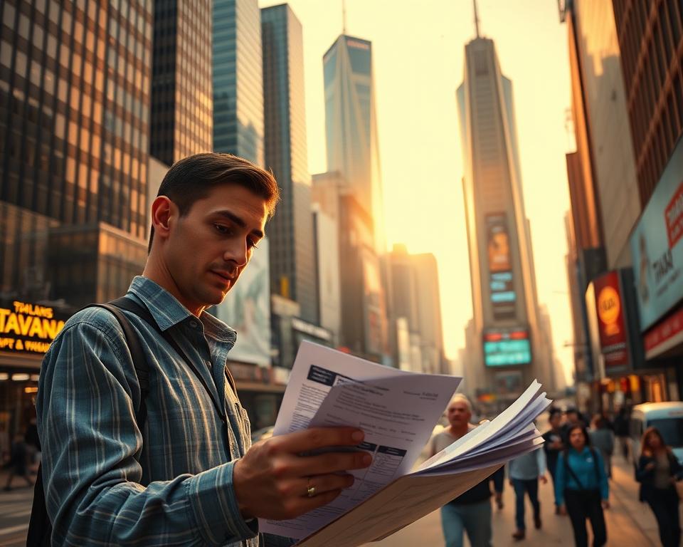 Tavana Franchise: a bustling urban setting, with towering skyscrapers and busy streets in the background. In the foreground, a small business owner, brow furrowed, navigates a maze of paperwork and financial documents, surrounded by the challenges of franchising - expansion costs, supply chain disruptions, regulatory hurdles. The lighting is warm and golden, casting a contemplative mood, as the franchisee works to overcome these obstacles and find a path to success.
