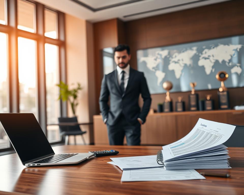 Tavana Franchise: a modern, sleek office space with floor-to-ceiling windows bathing the room in warm, natural light. In the foreground, an elegant wooden desk showcases a laptop, calculator, and stack of financial documents, symbolizing the financial benefits of franchise ownership. The middle ground features a well-dressed professional reviewing the documents, exuding an atmosphere of confidence and success. In the background, a world map and trophy display emphasize the global reach and prestige associated with franchise ownership. The overall scene conveys a sense of prosperity, stability, and the rewarding financial opportunities inherent in becoming a franchise owner.