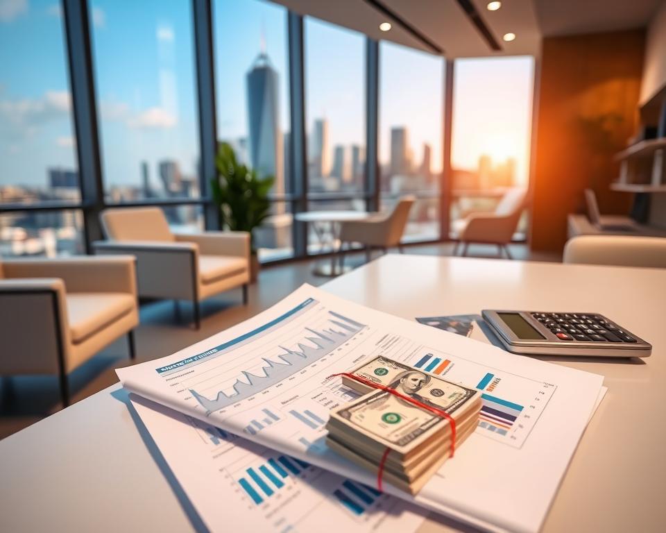 Tavana Franchise - a modern, well-designed office with abundant natural light, clean lines, and sleek furniture. In the foreground, a financial report showcases positive trends and metrics, highlighting the franchise's profitability and growth potential. In the middle ground, a stack of dollar bills and a calculator symbolize the financial rewards of franchise ownership. The background features a cityscape, representing the broader economic landscape and the franchise's integration within a thriving business community. The overall atmosphere conveys a sense of financial security, stability, and the potential for lucrative returns.