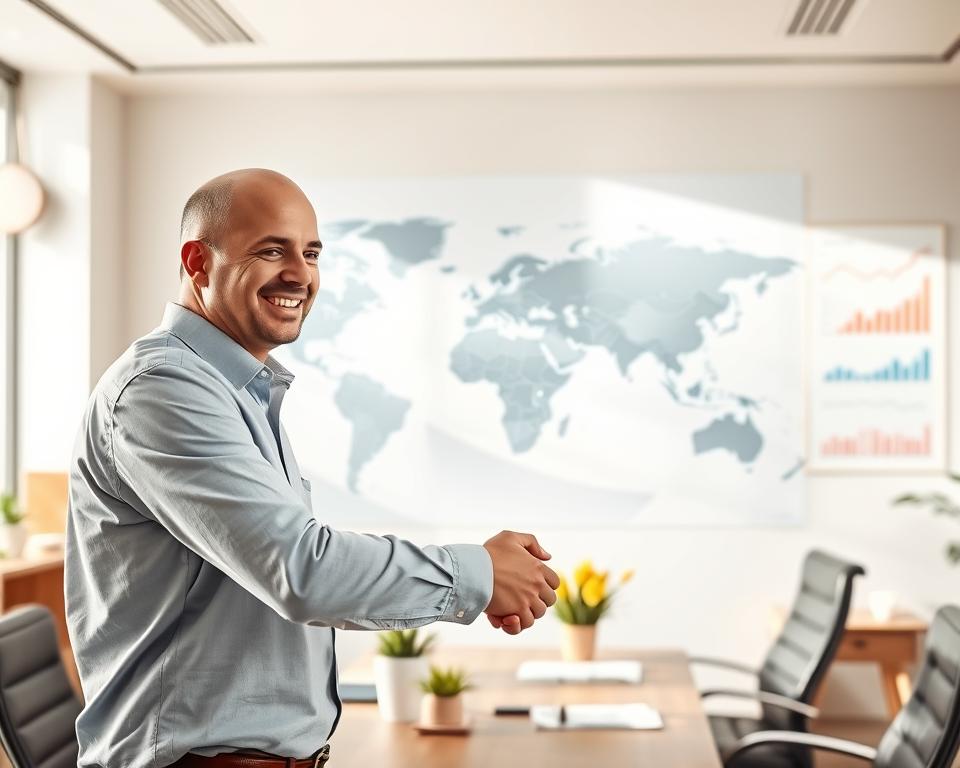 Tavana Franchise: a serene, well-lit office space showcasing the benefits of franchise ownership. In the foreground, a smiling businessman shakes hands with a satisfied customer, symbolizing the collaborative nature of franchising. In the middle ground, a large world map depicts the global reach and scalability of the franchise model. The background features financial reports and growth charts, highlighting the stability and profitability inherent in franchise ownership. Soft natural lighting and a warm, inviting color palette convey the sense of security and support that Tavana Franchise provides its owners.